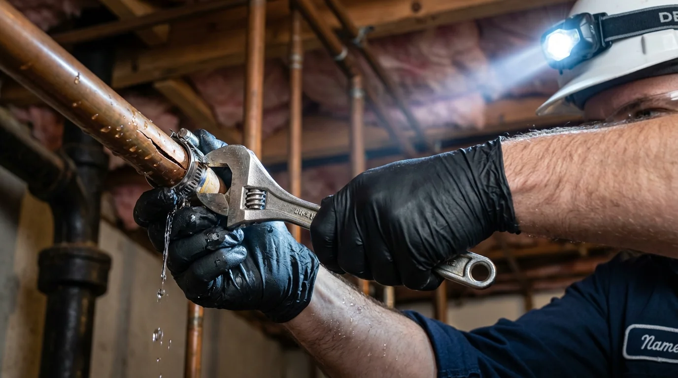 Emergency pipe clamp repair being performed by a Johns Plumbing LLC plumber in Moses Lake