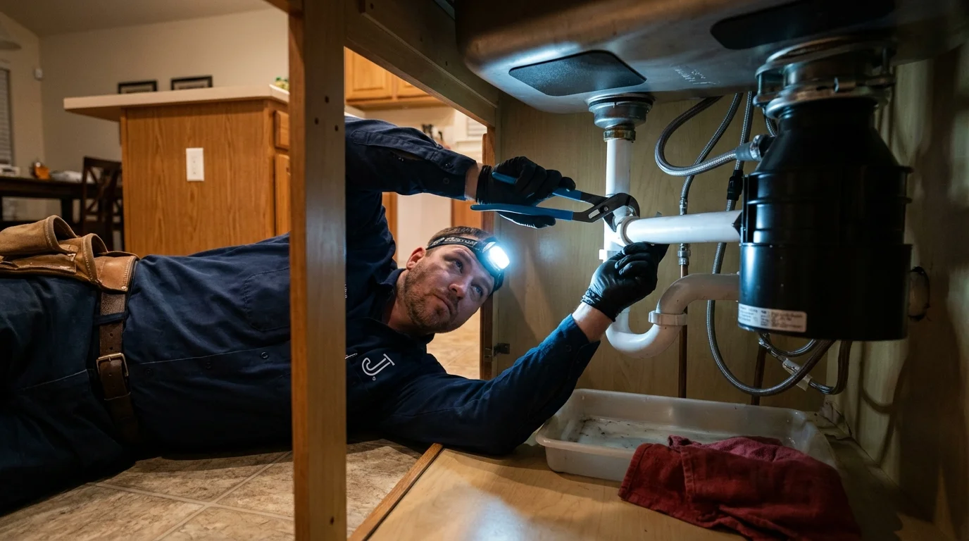 P-trap and supply line connections under a kitchen sink showing a common leak point in Moses Lake, WA